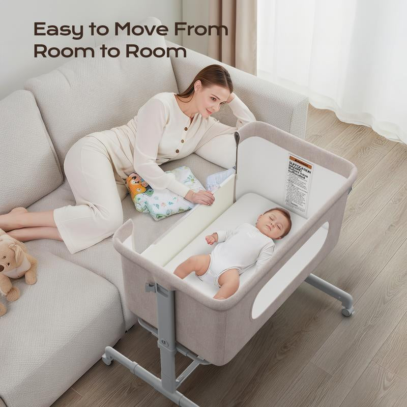 Babybond 3 in 1 Bassinet Bedside Sleeper for Newborns with Comfy Mattress Wheels & 6 Height Adjustments Portable Convertible Design,Easy to Move, Beige,Ideal Christmas Gifts for Babies