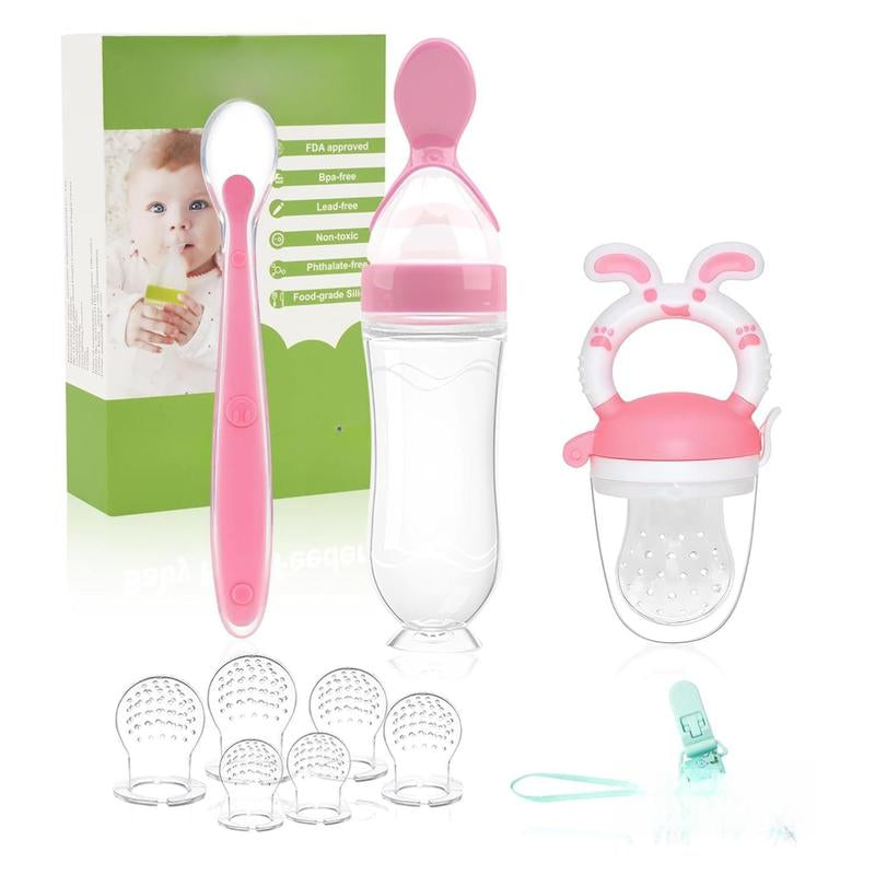 WAJIAYON Baby Fruit Feeder Pacifier - 6 Pack | 2 Baby Fruit Food Feeder Pacifier & 2 Baby Food Dispensing Spoon | Fresh Fruit Teethers for Babies | Silicone Feeder Baby,Mesh Baby Feeder (Pink-Rabbit)