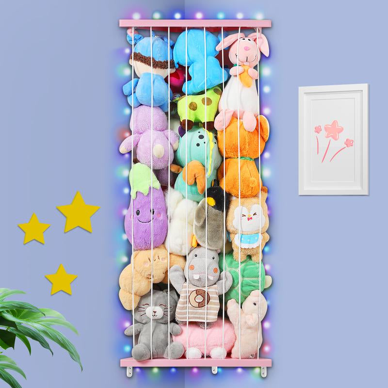 【2025 New Design】Stuffed Animals Storage with LED Light Corner Toy Storage Organizer Wood Stuffed Animals Hammock Length Adjustable Stuffed Animals Holder for Nursery Kids Playroom Bedroom, Rainbow