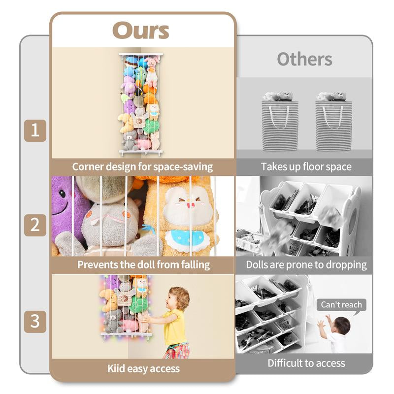 【2025 New Design】Stuffed Animals Storage with LED Light Corner Toy Storage Organizer Wood Stuffed Animals Hammock Length Adjustable Stuffed Animals Holder for Nursery Kids Playroom Bedroom, Rainbow