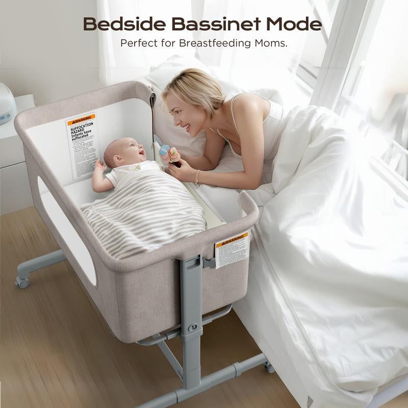 Babybond 3 in 1 Bassinet Bedside Sleeper for Newborns with Comfy Mattress Wheels & 6 Height Adjustments Portable Convertible Design,Easy to Move, Beige,Ideal Christmas Gifts for Babies