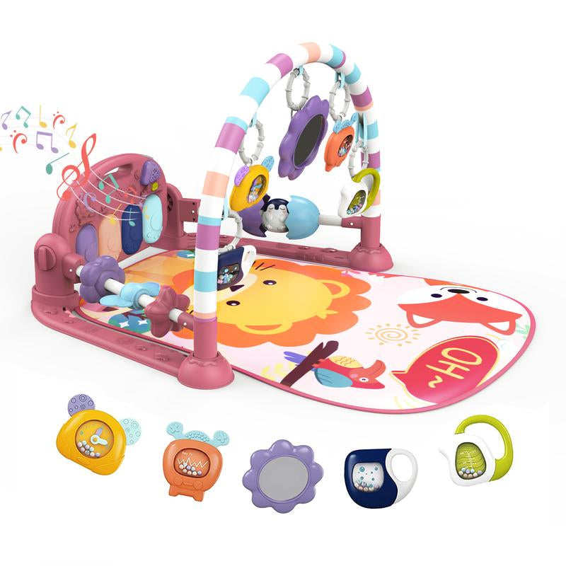 Baby Play Mat Baby Gym,Funny Play Piano Tummy Time Baby Activity Mat with 5 Infant Sensory Baby Toys, Music and Lights Boy & Girl Gifts for Newborn Baby (Pink)