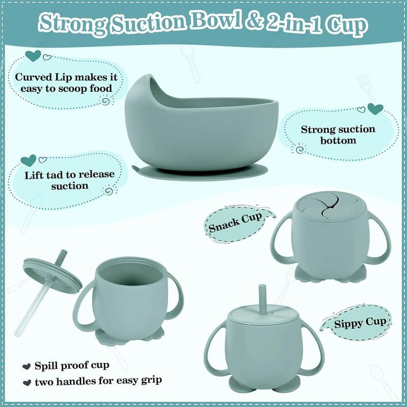 Christmas Gift 10 PCS Silicone Baby Feeding Set with Pacifier - Baby Led Weaning Supplies - Baby Spoons, Suction Bowl - Plate - Baby Utensils Set - Silicone Feeding Set for Baby First Foods