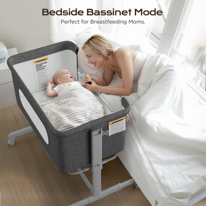 Babybond 3 in 1 Bassinet Bedside Sleeper for Newborns with Comfy Mattress Wheels & 6 Height Adjustments Portable Convertible Design,Easy to Move, Beige,Ideal Christmas Gifts for Babies