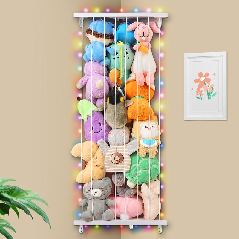 【2025 New Design】Stuffed Animals Storage with LED Light Corner Toy Storage Organizer Wood Stuffed Animals Hammock Length Adjustable Stuffed Animals Holder for Nursery Kids Playroom Bedroom, Rainbow