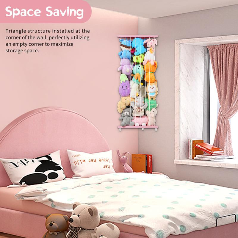 【2025 New Design】Stuffed Animals Storage with LED Light Corner Toy Storage Organizer Wood Stuffed Animals Hammock Length Adjustable Stuffed Animals Holder for Nursery Kids Playroom Bedroom, Rainbow