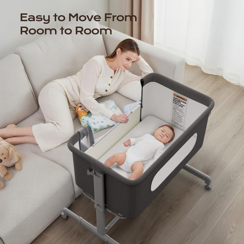 Babybond 3 in 1 Bassinet Bedside Sleeper for Newborns with Comfy Mattress Wheels & 6 Height Adjustments Portable Convertible Design,Easy to Move, Beige,Ideal Christmas Gifts for Babies