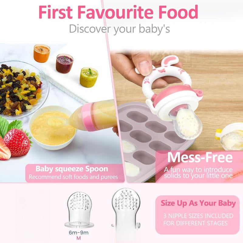 WAJIAYON Baby Fruit Feeder Pacifier - 6 Pack | 2 Baby Fruit Food Feeder Pacifier & 2 Baby Food Dispensing Spoon | Fresh Fruit Teethers for Babies | Silicone Feeder Baby,Mesh Baby Feeder (Pink-Rabbit)