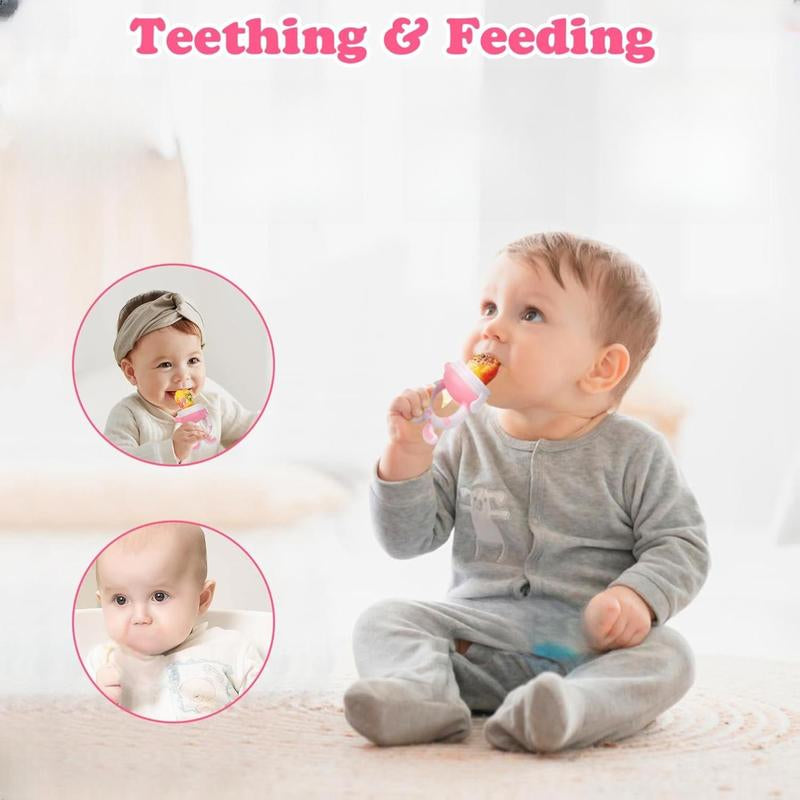WAJIAYON Baby Fruit Feeder Pacifier - 6 Pack | 2 Baby Fruit Food Feeder Pacifier & 2 Baby Food Dispensing Spoon | Fresh Fruit Teethers for Babies | Silicone Feeder Baby,Mesh Baby Feeder (Pink-Rabbit)